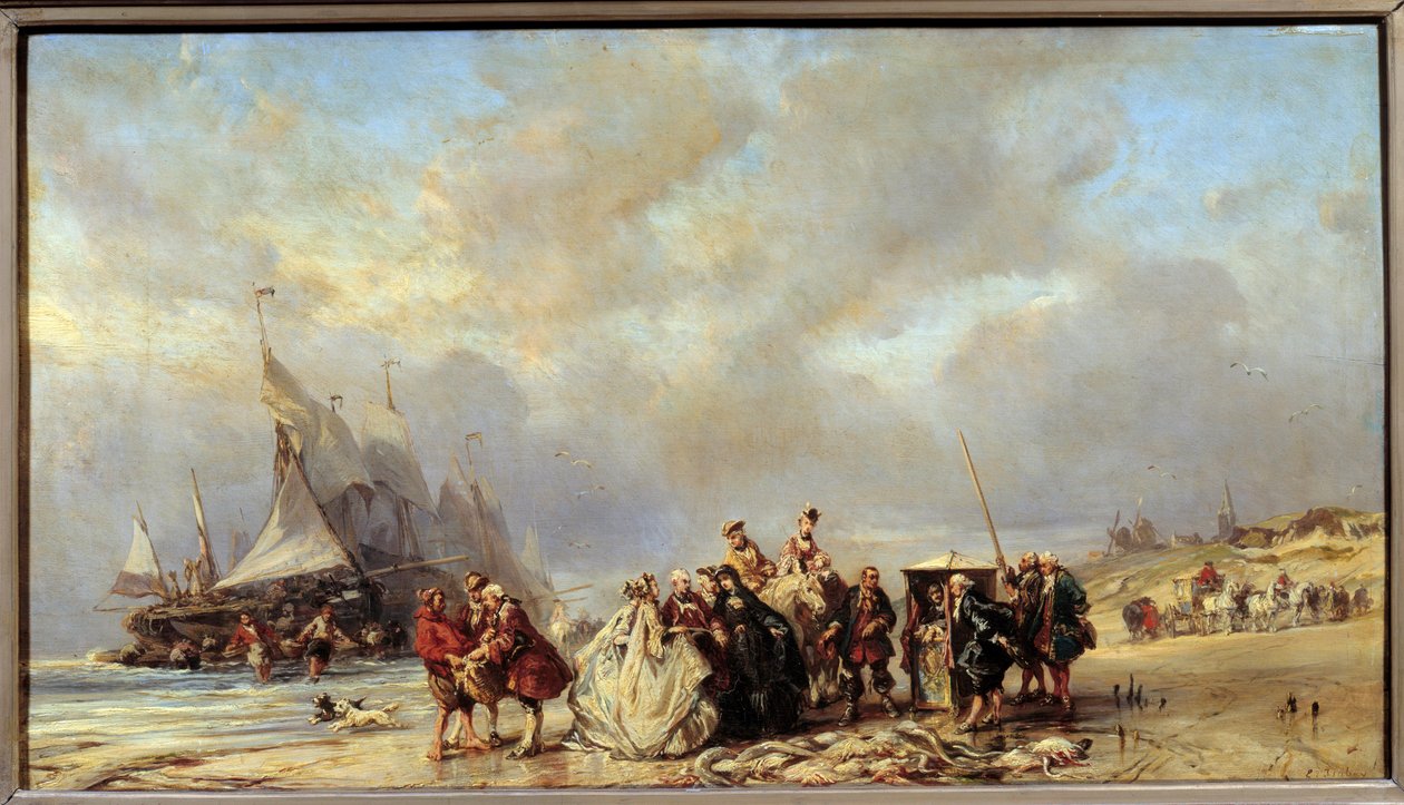 Lordi na pláži scheveningue nakupují ryby (18. století). Obraz Louise Gabriela Eugene Isabey (1803-1886) od Louis Eugene Gabriel Isabey