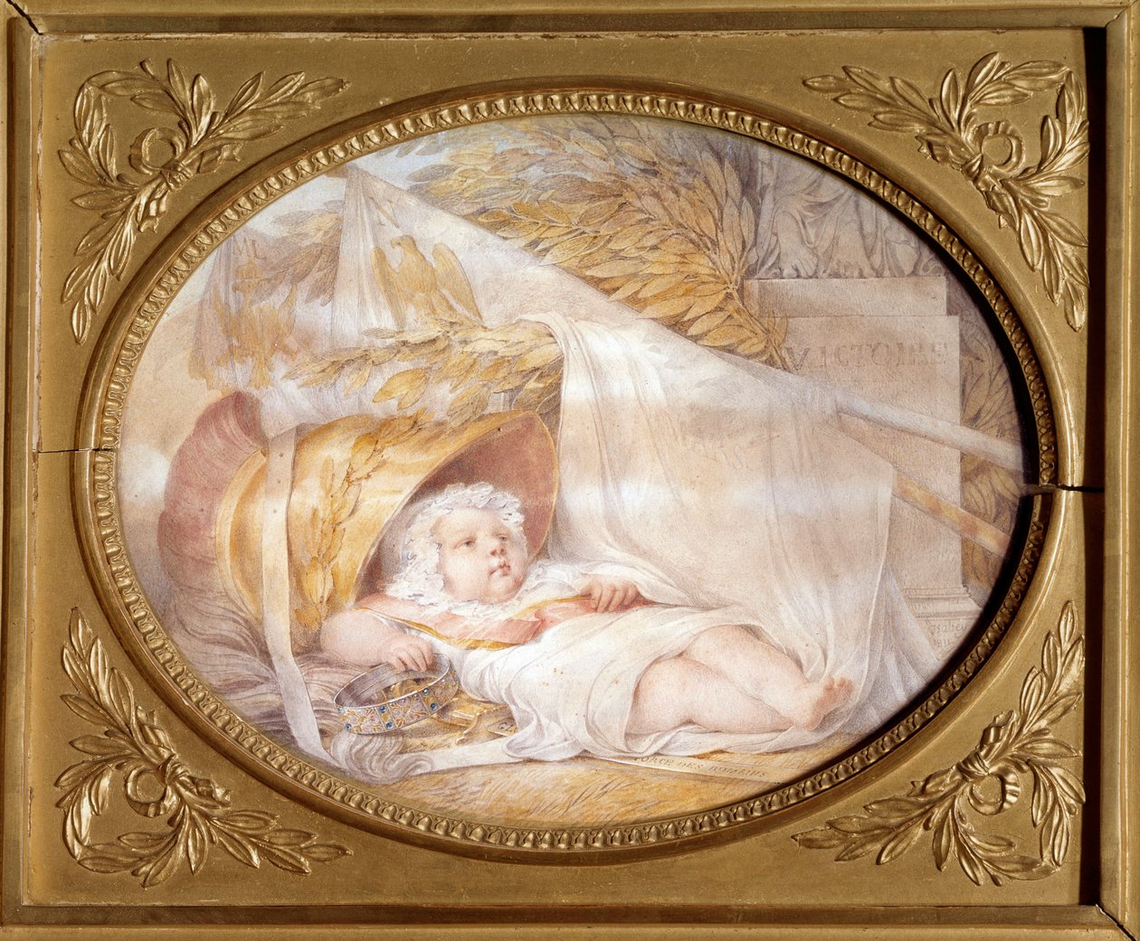 Portrét římského krále bebe (1811-1832) v helmě Marse Napoleona II., vévody z Reichstadtu, syna císaře Napoleona I. (1769-1821), novorozence. Černý kámen a béžový lávový papír Eugene Isabey (1803-1886) březen 1811 ne. 0,21x0,26 m Malmaison, musee d od Louis Eugene Gabriel Isabey