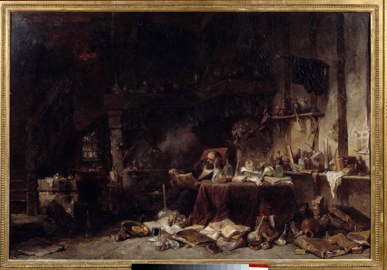 Alchymistická dílna Je plná lahviček, lahviček, destilačních přístrojů. obraz Louis Gabriel Eugene Isabey (1803-1886) 1848 Ne. 0,66x0,99 m Lille musee des beaux arts. od Louis Eugene Gabriel Isabey