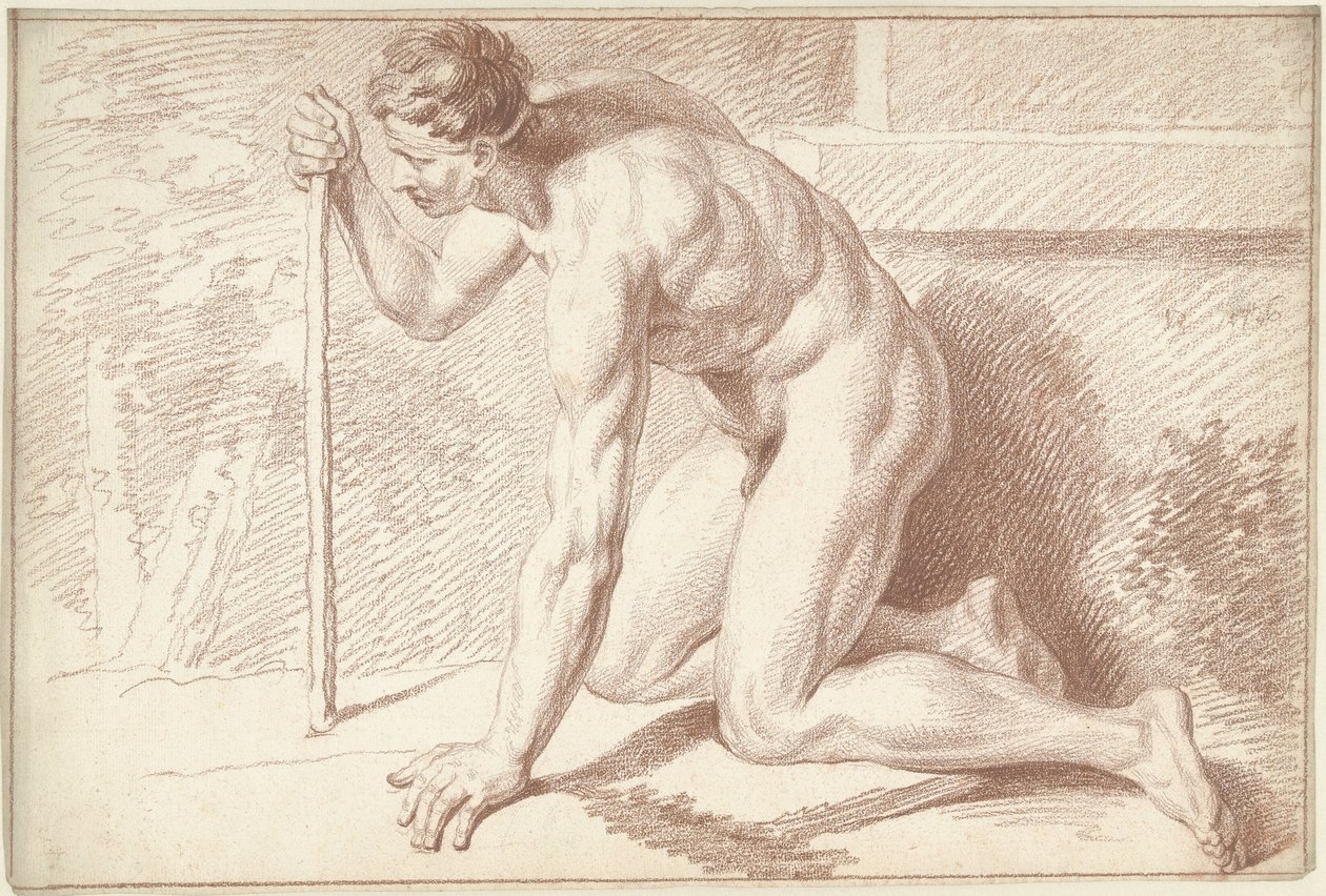 Mužský akt, klečící, s holí, směrem doleva od Louis Fabritius Dubourg