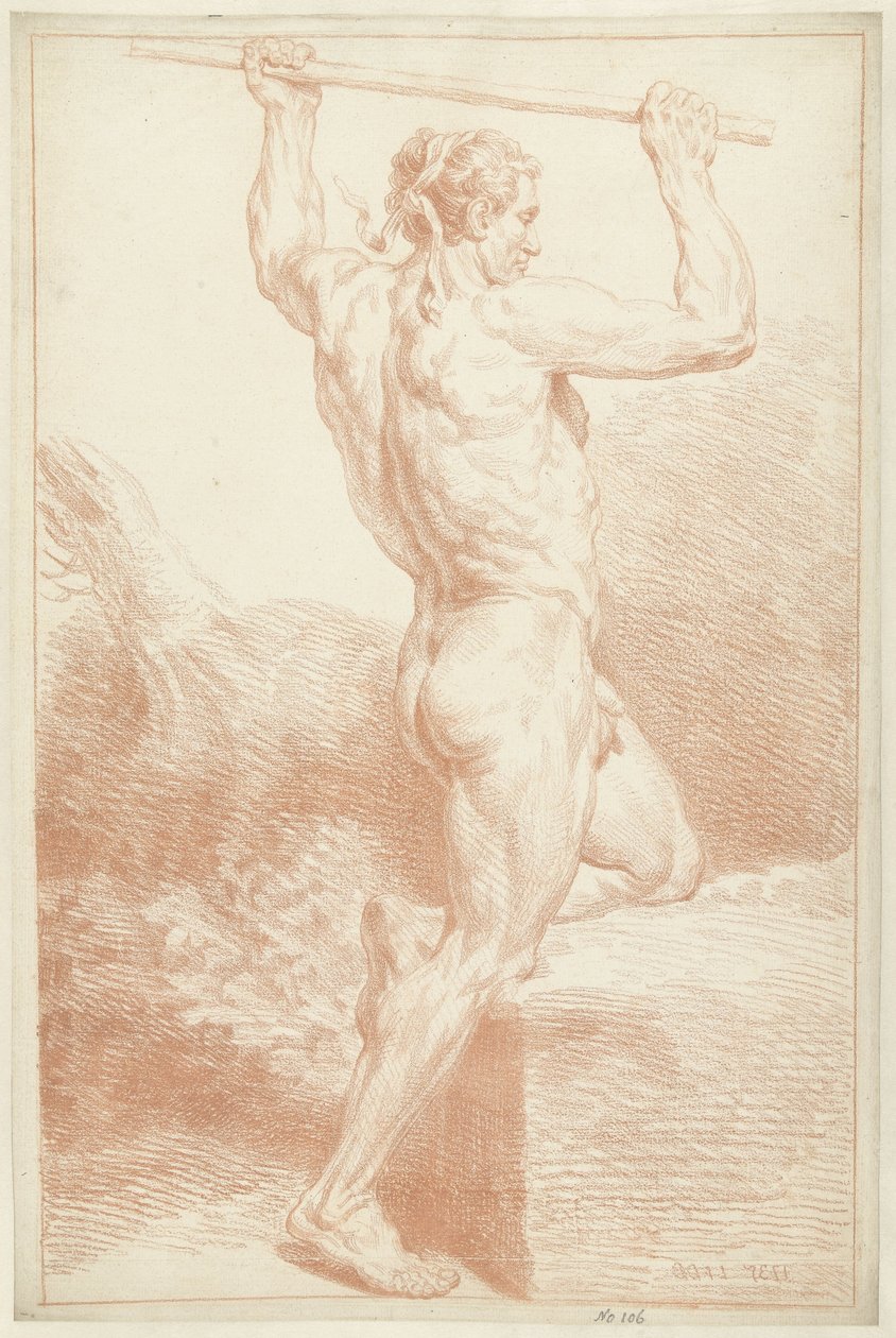 Studie mužského aktu na jednom koleni s holí nad hlavou od Louis Fabritius Dubourg