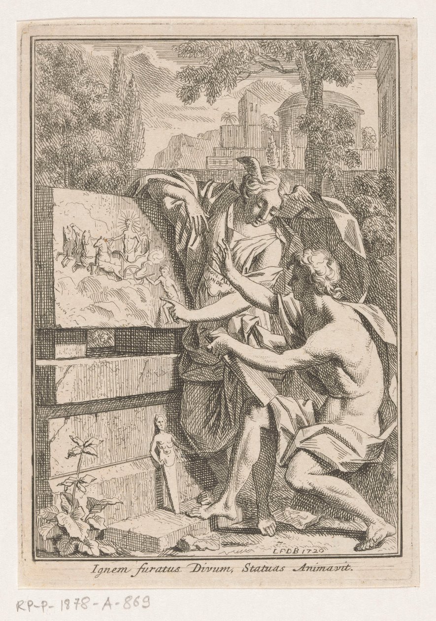 Žena s okřídlenou hlavou ukazuje basreliéf mladému muži od Louis Fabritius Dubourg