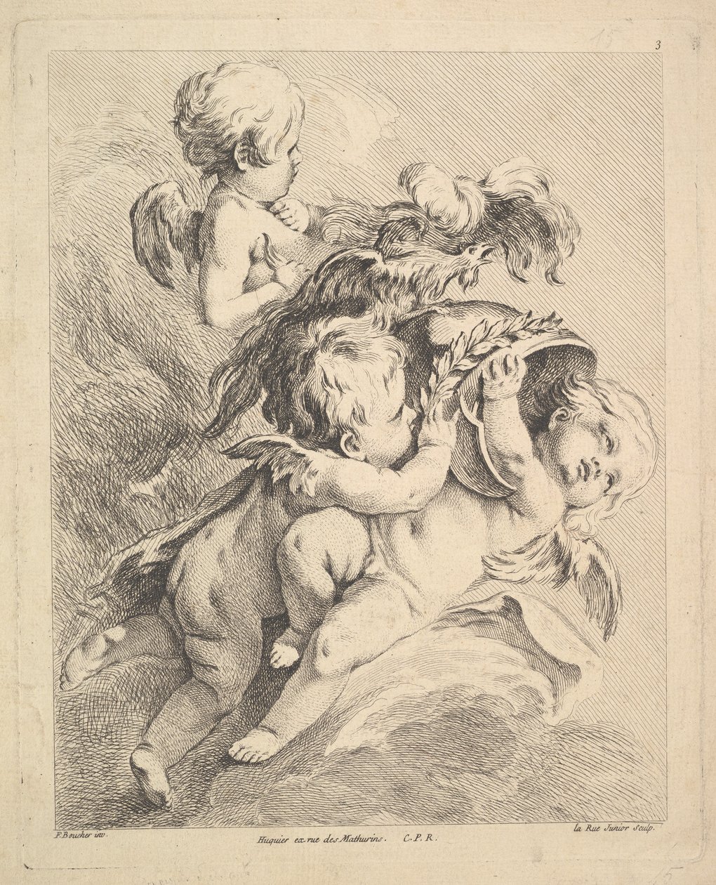 Tři Cupids drží helmu. od Louis Felix de la Rue