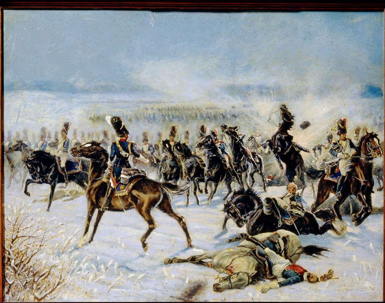 Bitva u Eylau, 20. února 1807. (Bitva u Preussisch Eylau dne 8. února 1807). Vojenská konfrontace mezi francouzskou Grande Armee Napoleona I. (1769-1821) a Ruskou říší. Dílo Louis Ferdinand Malespina (1874-1940), olej na ca od Louis Ferdinand Malespina