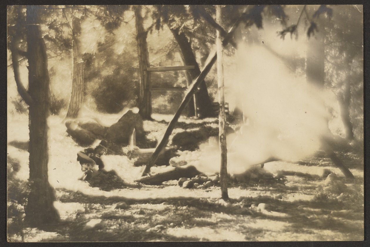 [Native American and Teepee Structure in Woods] od Louis Fleckenstein