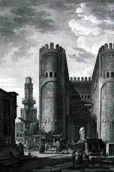 Bab El-Futuh (Vítězná brána), rytina Pierra Nicolase Ransonetta (1745-1810) ze III. dílu "Voyage Pittoresque", vydaného nakladatelstvím Letronne v Paříži. od Louis Francois (after) Cassas