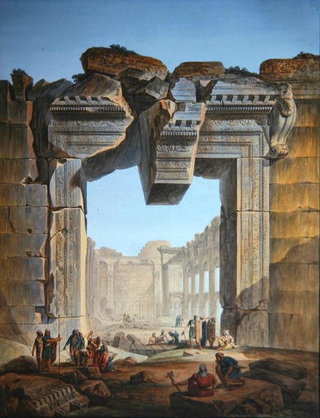 Hlavní brána chrámu jižně od Chrámu Slunce v Baalbecu, kolem roku 1800 (barevná rytina) od Louis Francois (after) Cassas