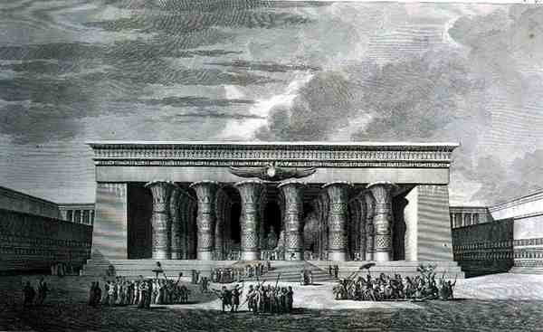 Obnova velkého egyptského chrámu, vyrytý Pierrem Nicolasem Ransonettem (1745-1810) ze svazku III „Voyage Pittoresque“, vydaného nakladatelstvím Letronne, Paříž od Louis Francois (after) Cassas
