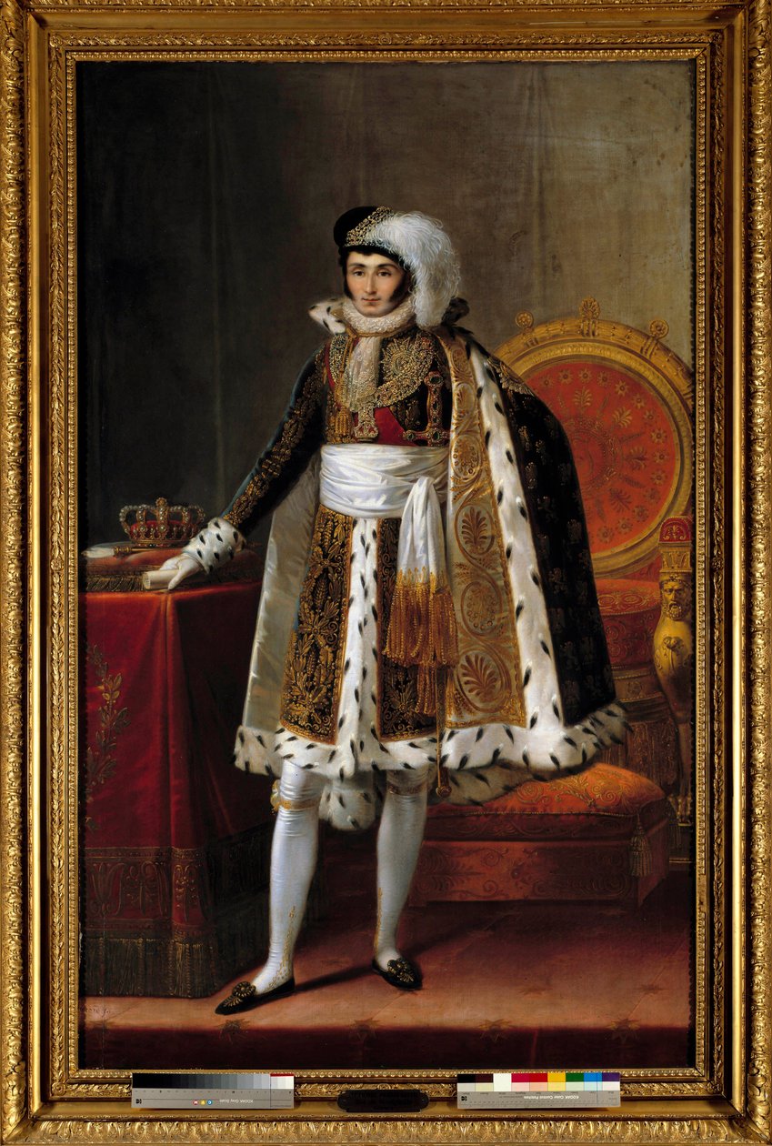 Portrét v nohách Jerome Bonaparte (1784-1860), král vestfálského. V kostýmu jako velitel Řádu královské koruny Wesphalia, cca 1810. Obraz připisován Louisi Francoisovi Aubrymu (1767-1851) nebo Francois Joseph Kinsonovi (Kinsoen) (1770-1839). od Louis Francois (attr. to) Aubry