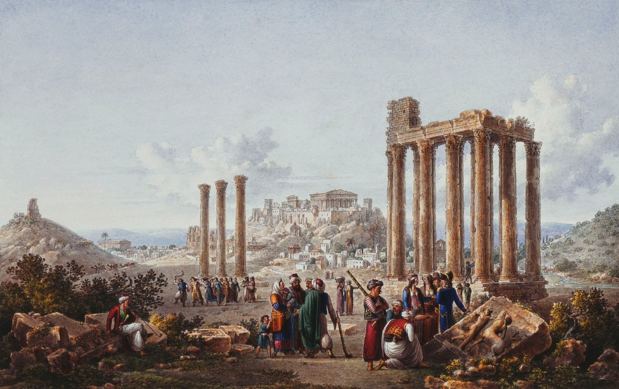 Pohled na Akropoli v Aténách z Diova chrámu v Olympii, cca 1786-87 od Louis Francois Cassas