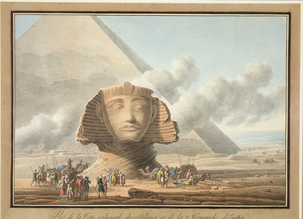 Pohled na hlavu Sfingy a na Khafreho pyramidu, kolem roku 1790 (lept na měkkém podkladu s wc na papíře) od Louis Francois Cassas