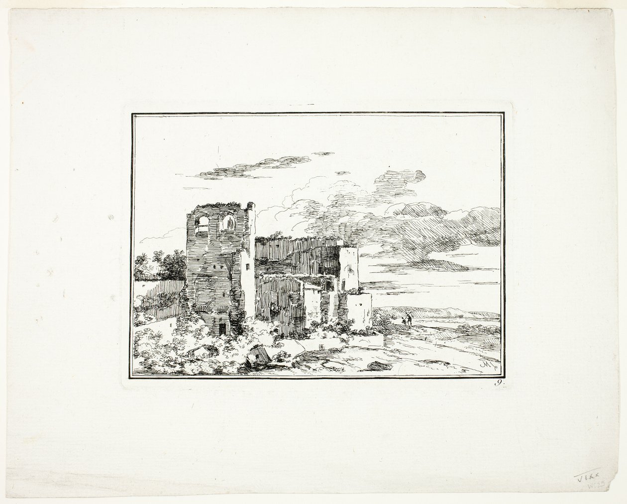Zničené budovy u břehu řeky, deska 9 z knihy Quatrieme suite de paysages dessinés et grave a l