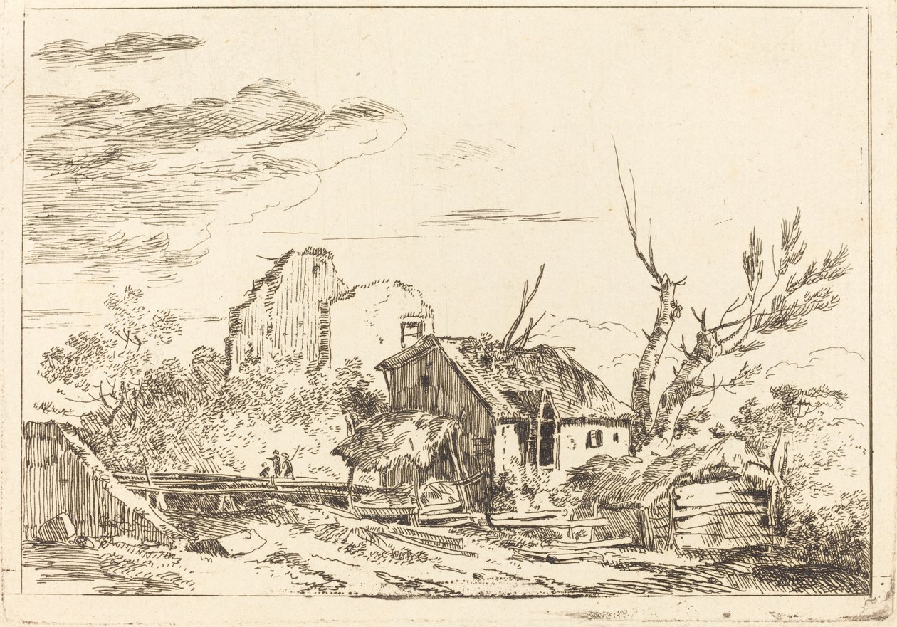 Chatrč na mostě od Louis Gabriel Moreau the Elder