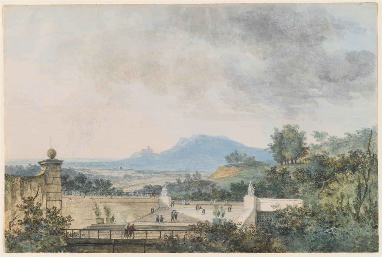 Panoramatický výhled přes terasovitý park od Louis Gabriel Moreau the Elder