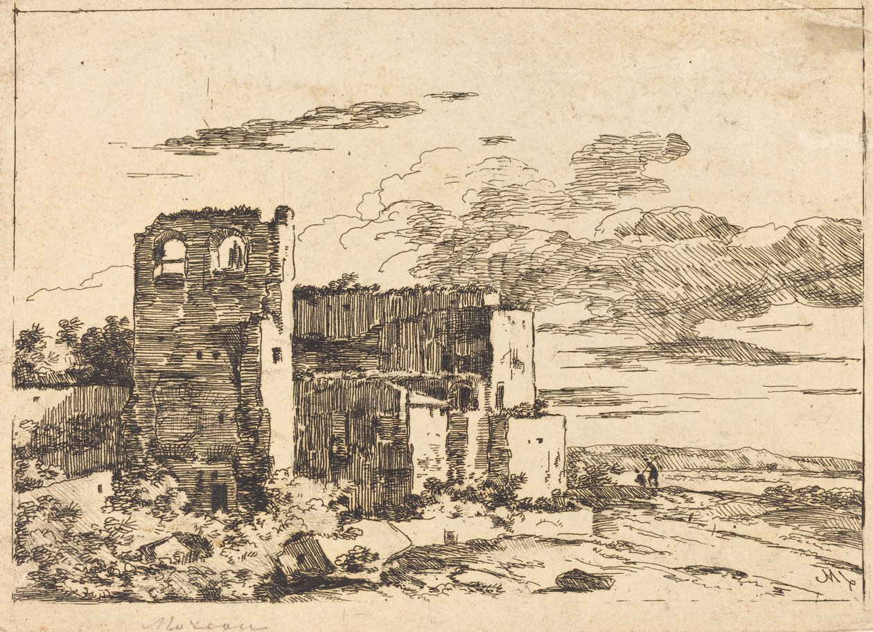 Zničené budovy poblíž břehu řeky od Louis Gabriel Moreau the Elder