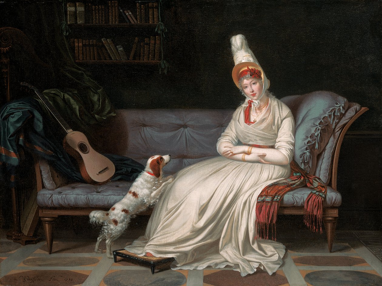 Portrét Elizabeth, lady Websterové, později lady Hollandové, v bílých šatech se svým španělem Pierrotem, kolem roku 1795 od Louis Gauffier