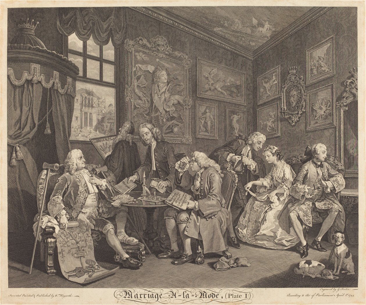 Manželství a la Režim: pl.1 od Louis Gerard Scotin after William Hogarth