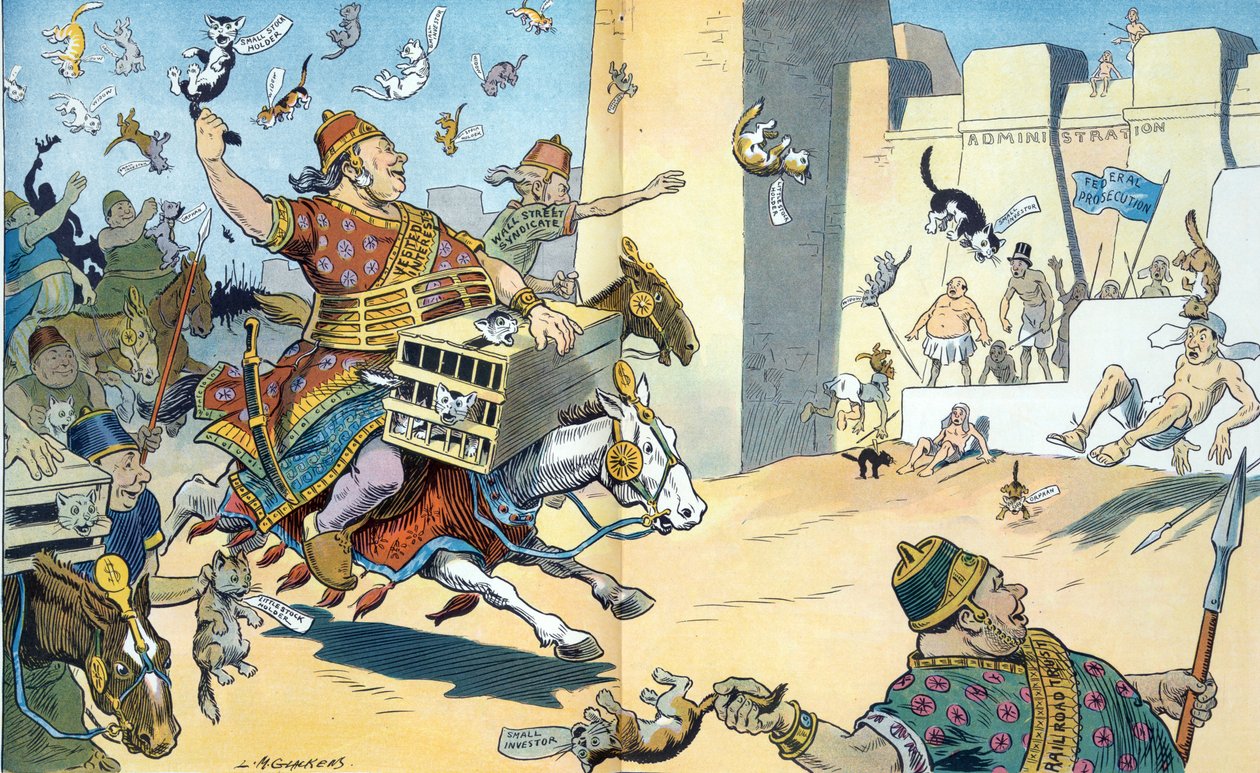 Peršané z Wall Street a washingtonští Egypťané 1907. Ilustrace zobrazuje bitvu u Pelusium s Peršany označenými jako "Vested Interests". od Louis Glackens