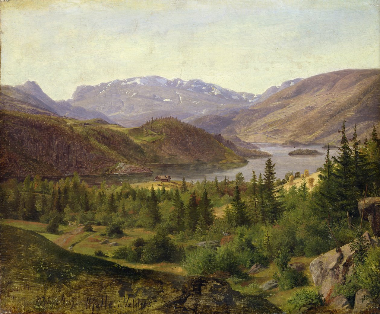 Hjelle in Valders, Tile Fjord, 1835 (olej na plátně na kartonu) od Louis Gurlitt