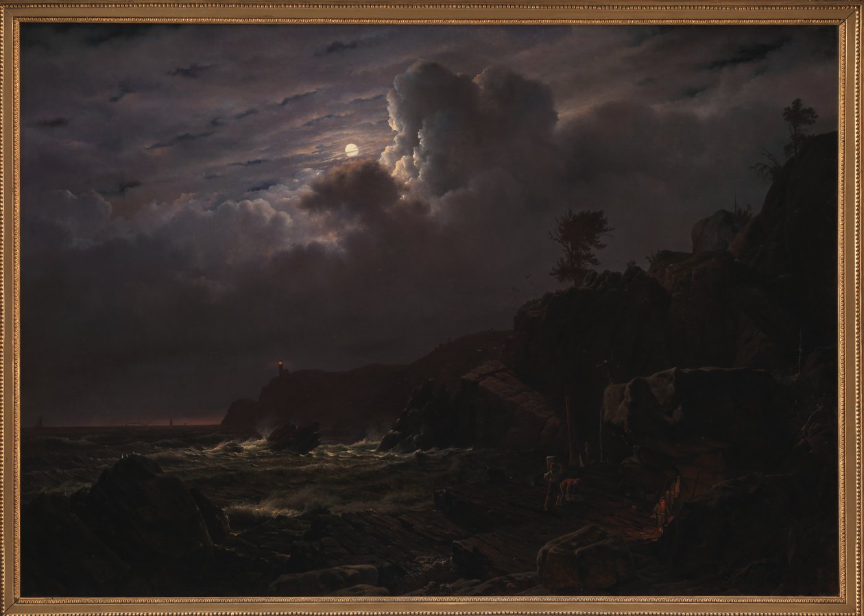 Pohled na Kullen ve Švédsku. Pašeráci skrývají své zboží mezi kameny. Měsíční svit od Louis Gurlitt