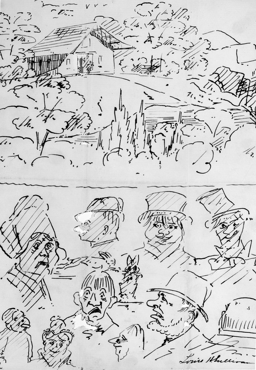 Krajina s budovou (nahoře) a karikatura hlavy (dole) od Louis H. Sullivan