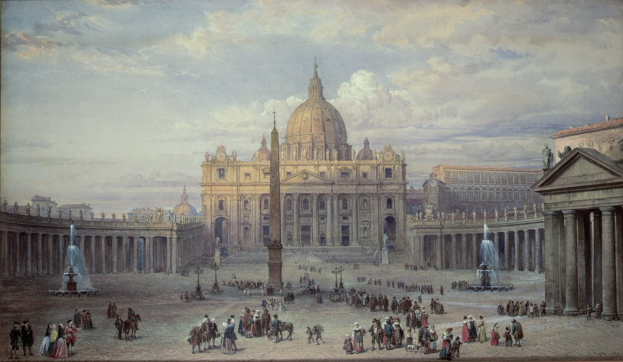 Exteriér chrámu svatého Petra v Římě, pohled z náměstí, 1868 od Louis Haghe