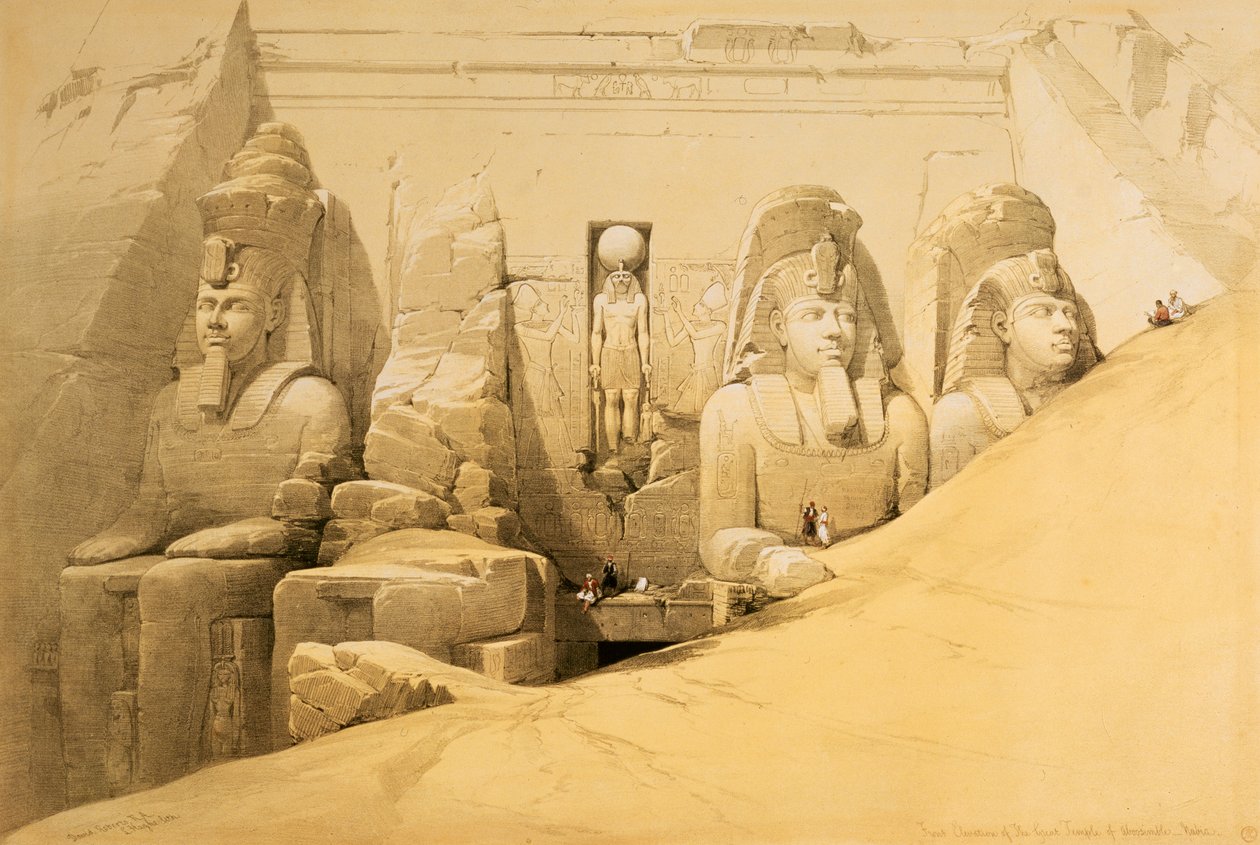 „Přední pohled na Velký chrám Abu Simbel, Núbie“, Egypt, 1849 od Louis Haghe