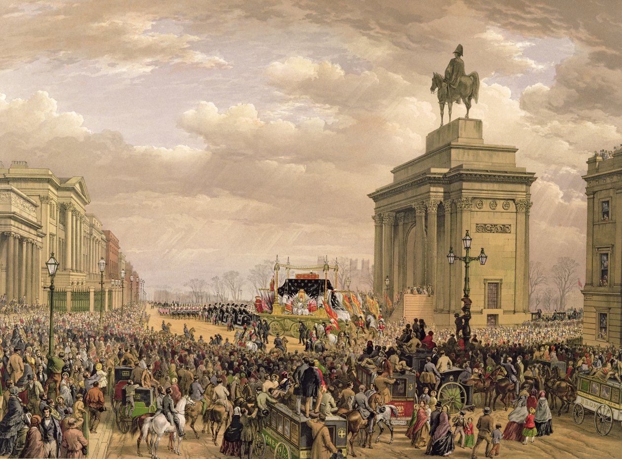 Pohřeb vévody z Wellingtonu, pohřební vůz projíždějící obloukem v Apsley House, 18. listopadu 1852, vyryl Thomas Picken (fl.1838-1870), hospoda. od Ackermanna a Daye, 1853 od Louis Haghe