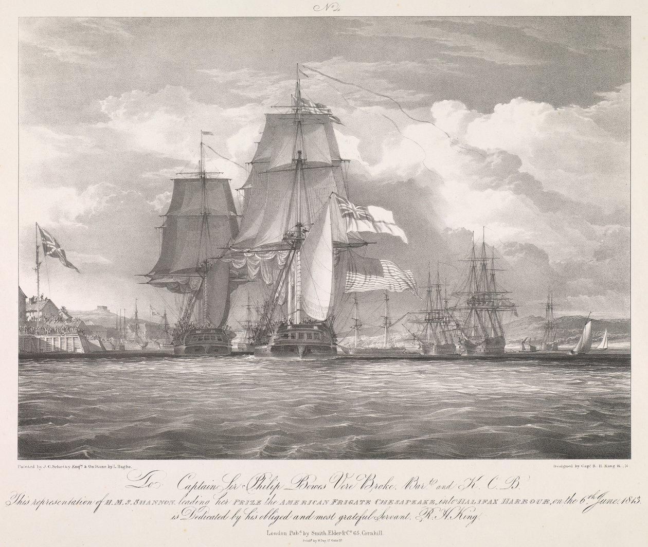 HMS "Shannon" vede svou kořist, americkou fregatu "Chesapeake" (1806), do přístavu Halifax, Nové Skotsko, 6. června 1813, asi 1815 (litografie) od Louis Haghe