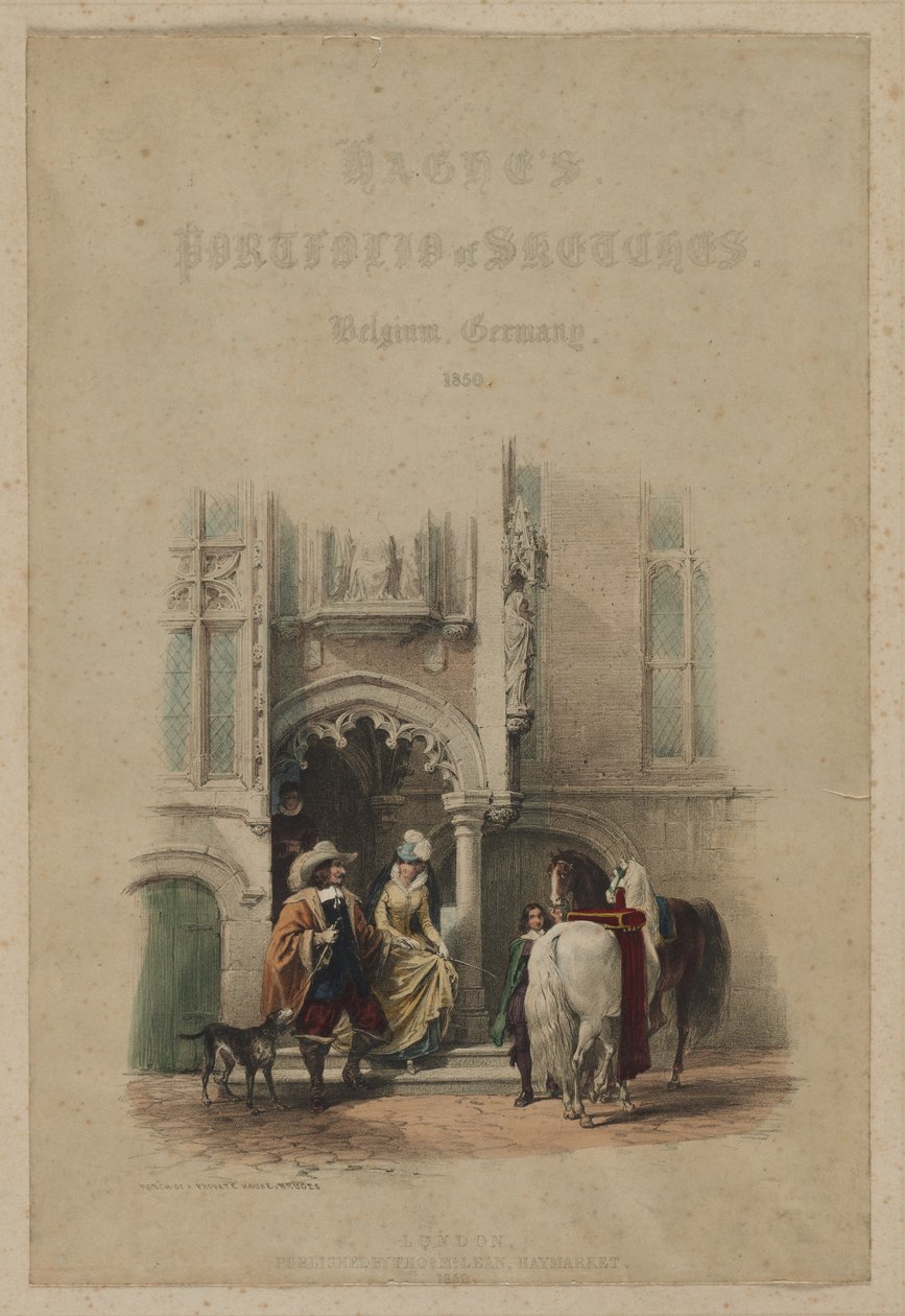 Hagheho portfolio skic. Belgie. Německo, sv. III: Titulní strana, na dveřích, část pohledu, Veranda soukromého domu, Bruggy od Louis Haghe