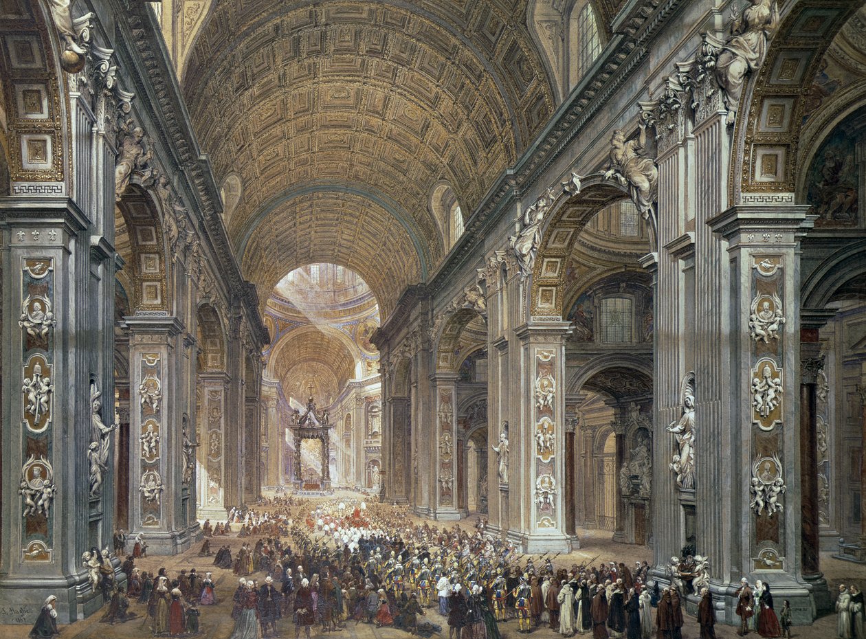 Interiér chrámu svatého Petra, Řím, 1867 (tužka a čb na papíře) od Louis Haghe