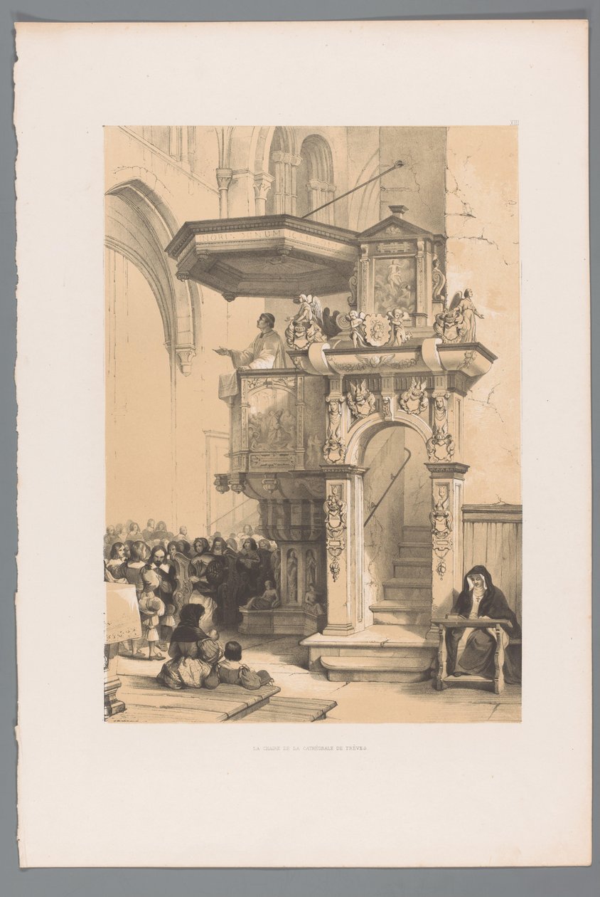 Kněz promlouvá k davu z kazatelny v trevírské katedrále La chaire de la Cathédrale de Trèves (název na objektu) od Louis Haghe