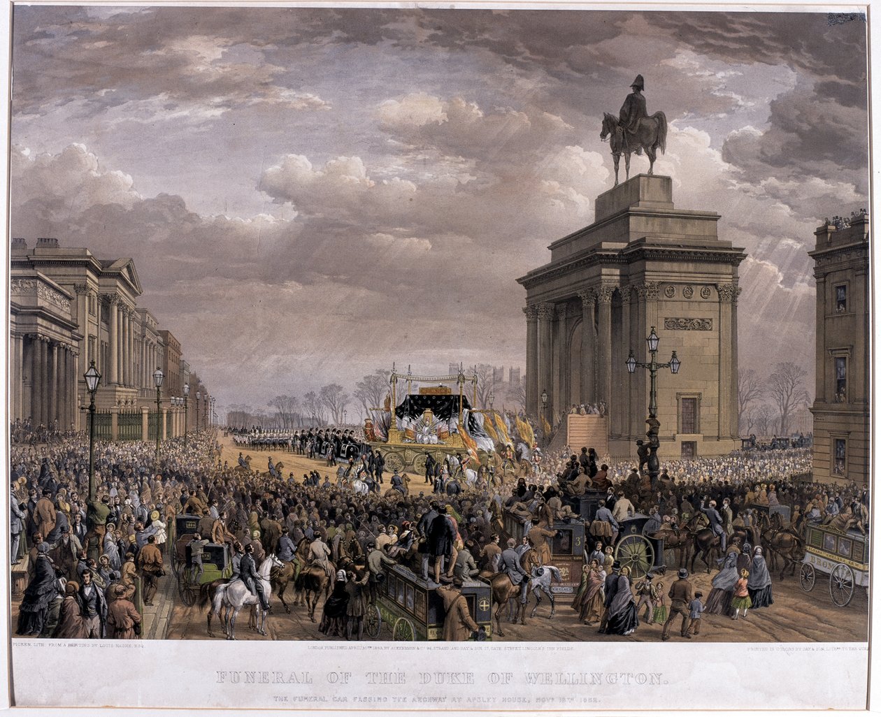 Pohřební vůz vévody z Wellingtonu (1769-1852) projíždějící obloukem v Apsley House dne 18. listopadu 1852, 1853 od Louis Haghe
