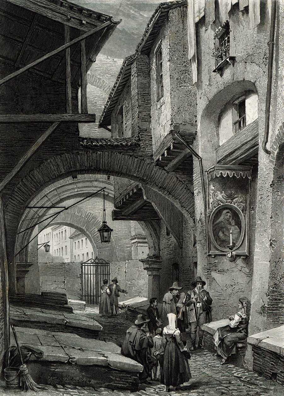 Ghetto, Řím, vyryto S.V. Hunt, Cassell und Company, 1847 od Louis Haghe