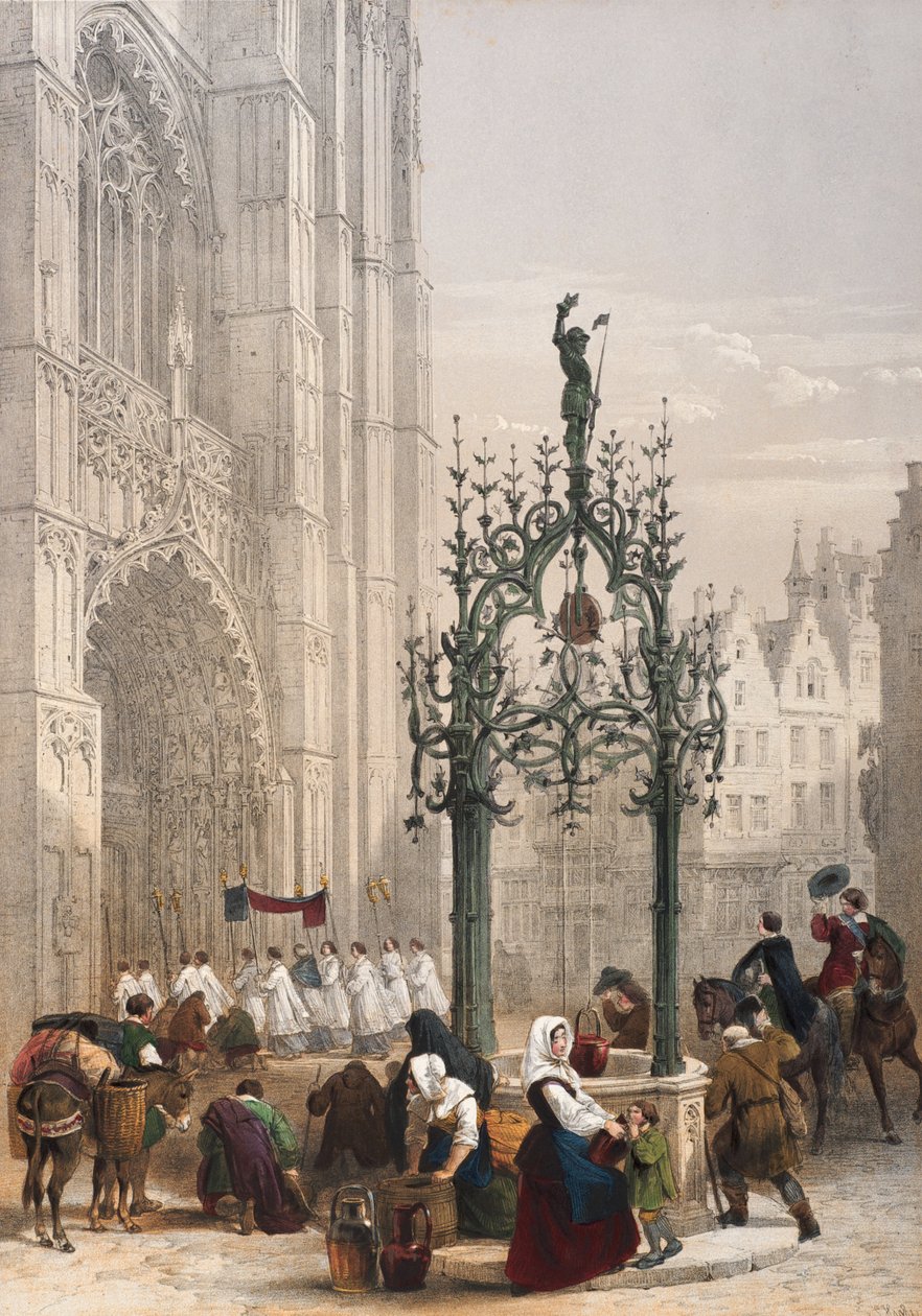 Studna Quentina Matsyse, Antverpy, list 1 z "Hagheho portfolia skic: Belgie, Německo", cca 1845-55 od Louis Haghe