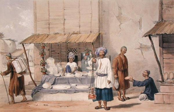 Falloden Stall s Huzzahs nesoucími sníh atd. na trh, z „Postavy a kostýmy Afghánistánu“ od kapitána Lockyera Willise Harta, vydáno 1843 (barevně lito) od Louis Hague