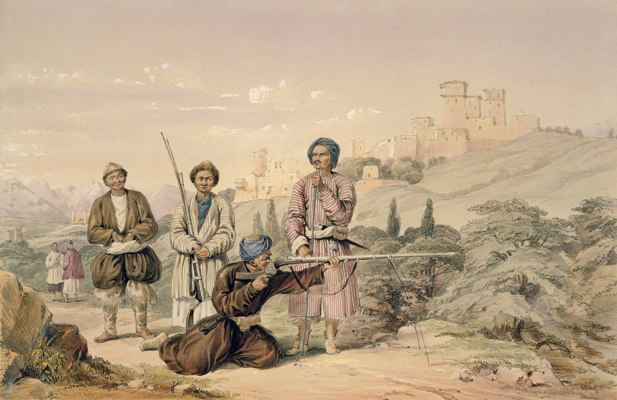 Huzzarehs střílející s Juzzaeels, z „Postavy a kostýmy Afghuánistánu“ od kapitána Lockyera Willise Harta, vydáno 1843 od Louis Hague