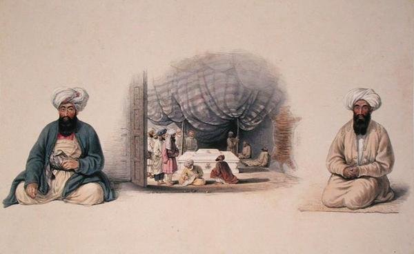 Khan Shereen Khan a Hagee Khan Kaiker lemující vnitřní pohled na hrobku Dosta Mohameda z knihy Postavy a kostýmy Afghuanistanu, kterou napsal kapitán Lockyer Willis Hart, publikováno 1843 (barevně lito) od Louis Hague