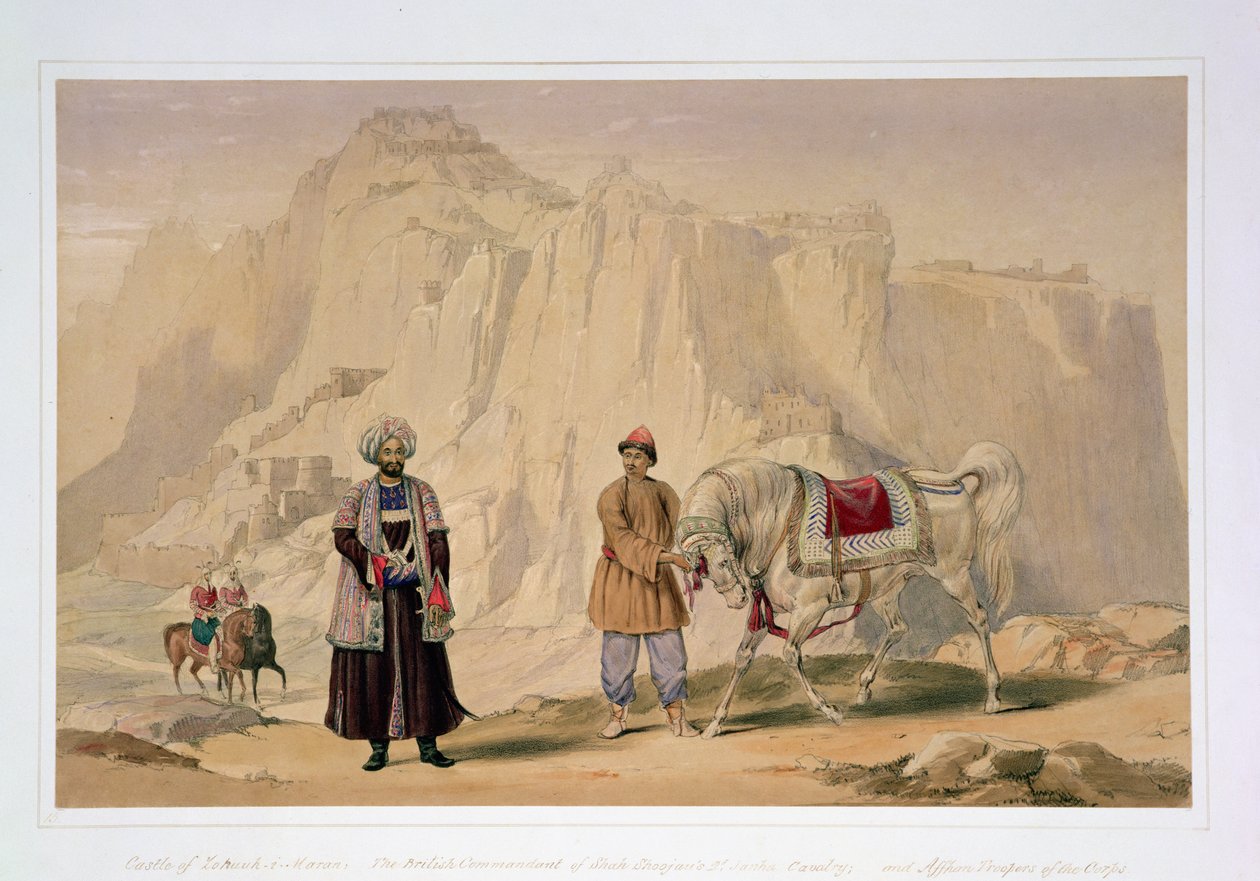 Britský velitel 2. Jannahské kavalérie Shaha Shoojana a Affhan Troopers of the Corps, z knihy „Postavy a kostýmy Afghuánistánu“, kterou napsal kapitán Lockyer Willis Hart, vydaná v roce 1843 (barevně lito) od Louis Hague
