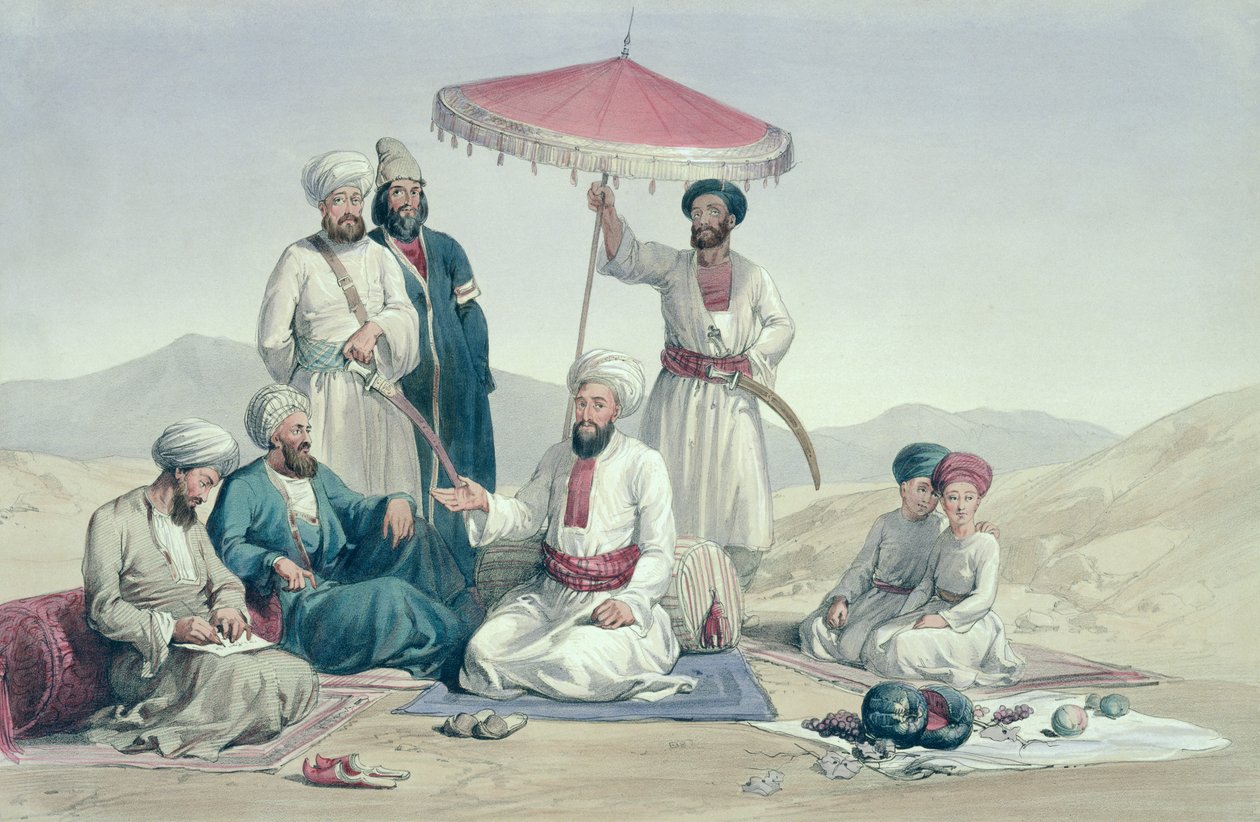 Umer Dost Mohammad Khan, z „Postavy a kostýmy Afghánistánu“ od kapitána Lockyera Willise Harta, vydáno 1843 od Louis Hague