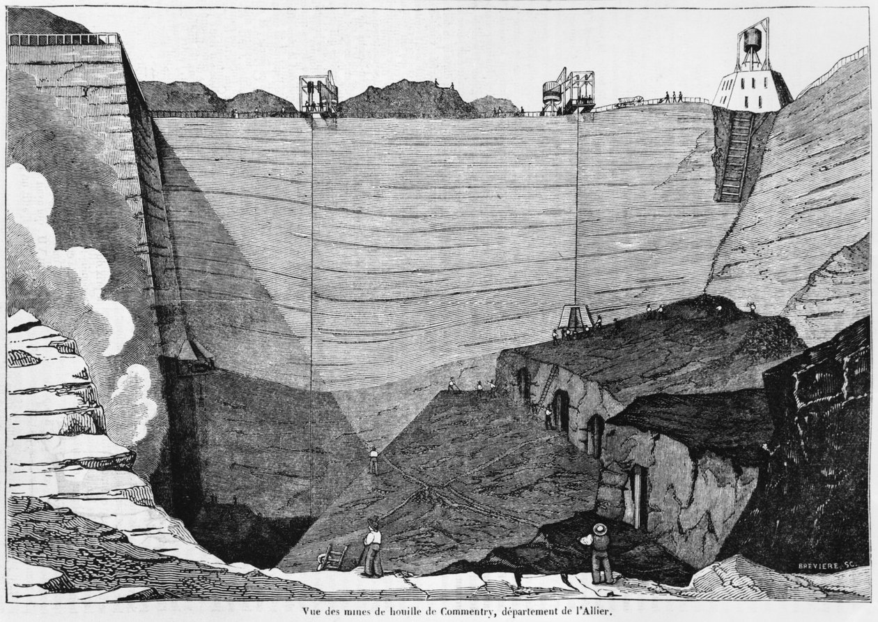 Uhelný důl v Commentry, ilustrace z Le Magasin Pittoresque, 1835 (černobílá fotografie) od Louis Henri Brévière