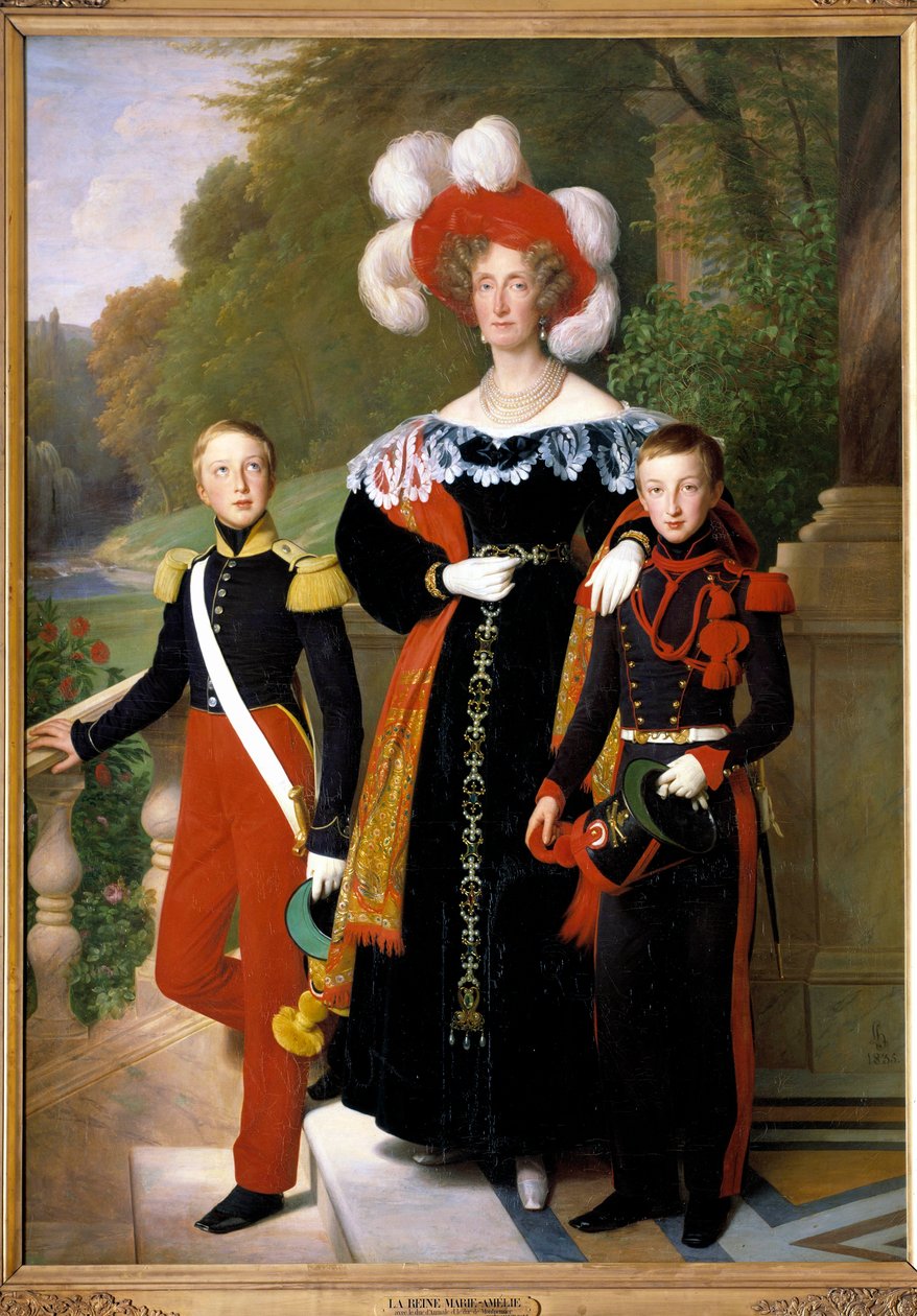 Královna Marie-Amelie a dva její synové, vévoda z Aumale v uniformě jako voják lehké pěchoty a vévoda z Montpensier v uniformě střelce, před výhledem do parku zámku Neuilly kolem roku 1833 od Louis Hersent
