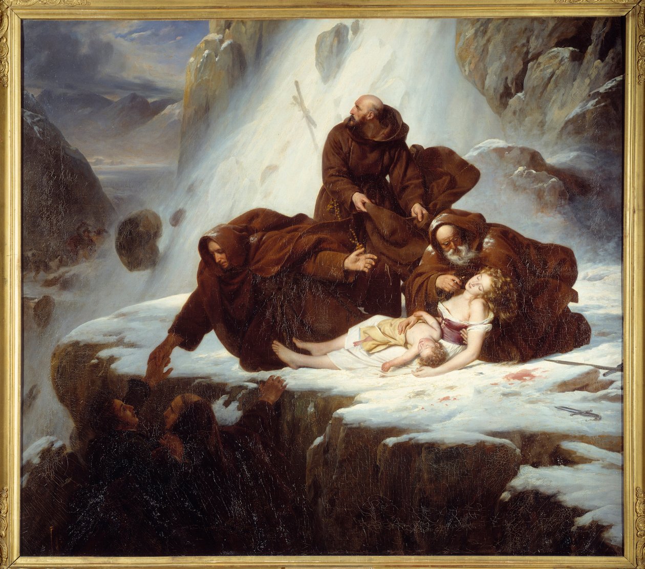 Řeholníci v hospicu Saint Gotthard (San Gottardo) poskytující pomoc rodinám postiženým lupiči Obraz Louis Hersent (1777-1860) 1824 od Louis Hersent