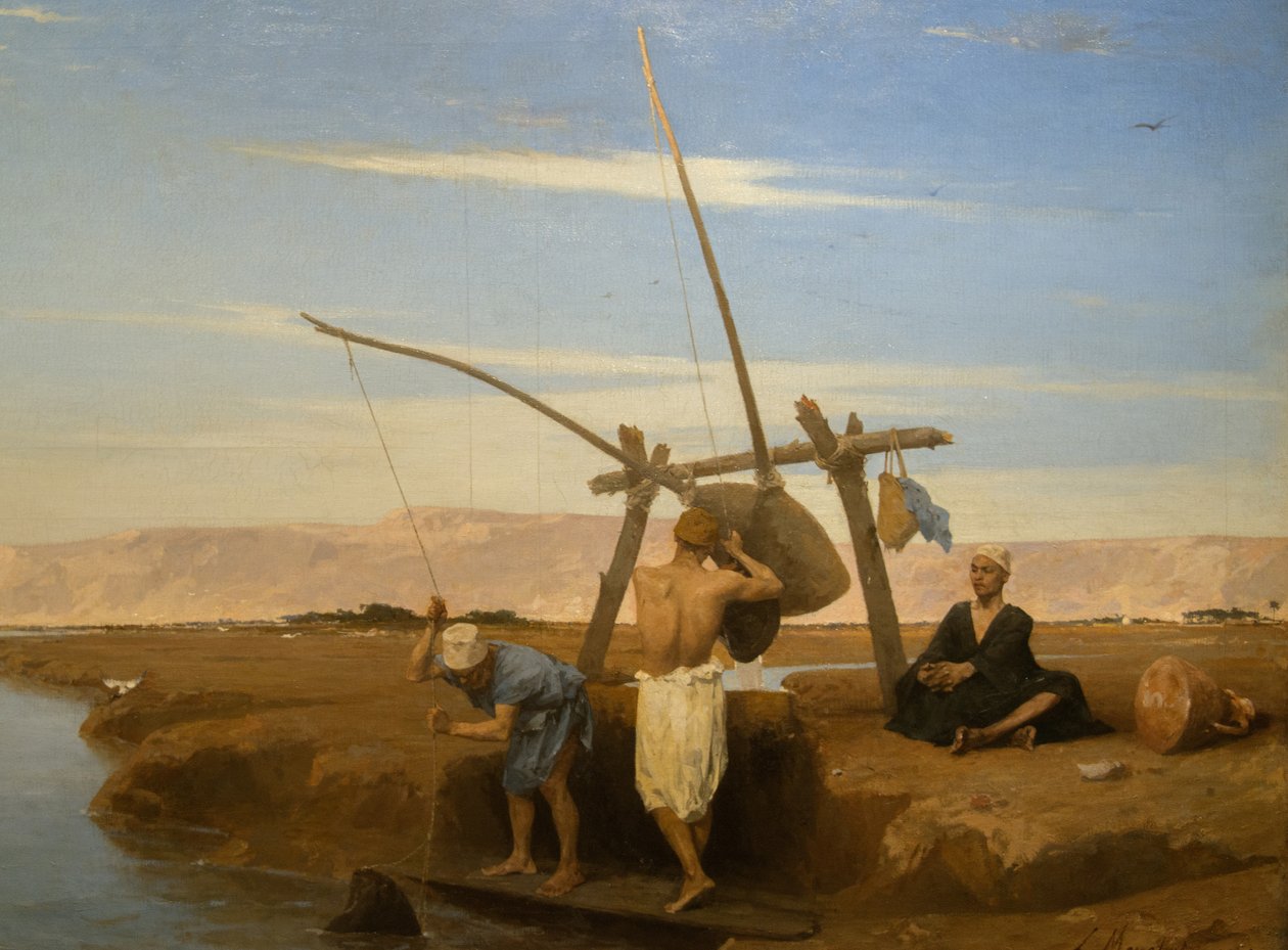 Shadouf v Horním Egyptě (Olej na dřevě z roku 1874) od Louis Hippolyte Mouchot