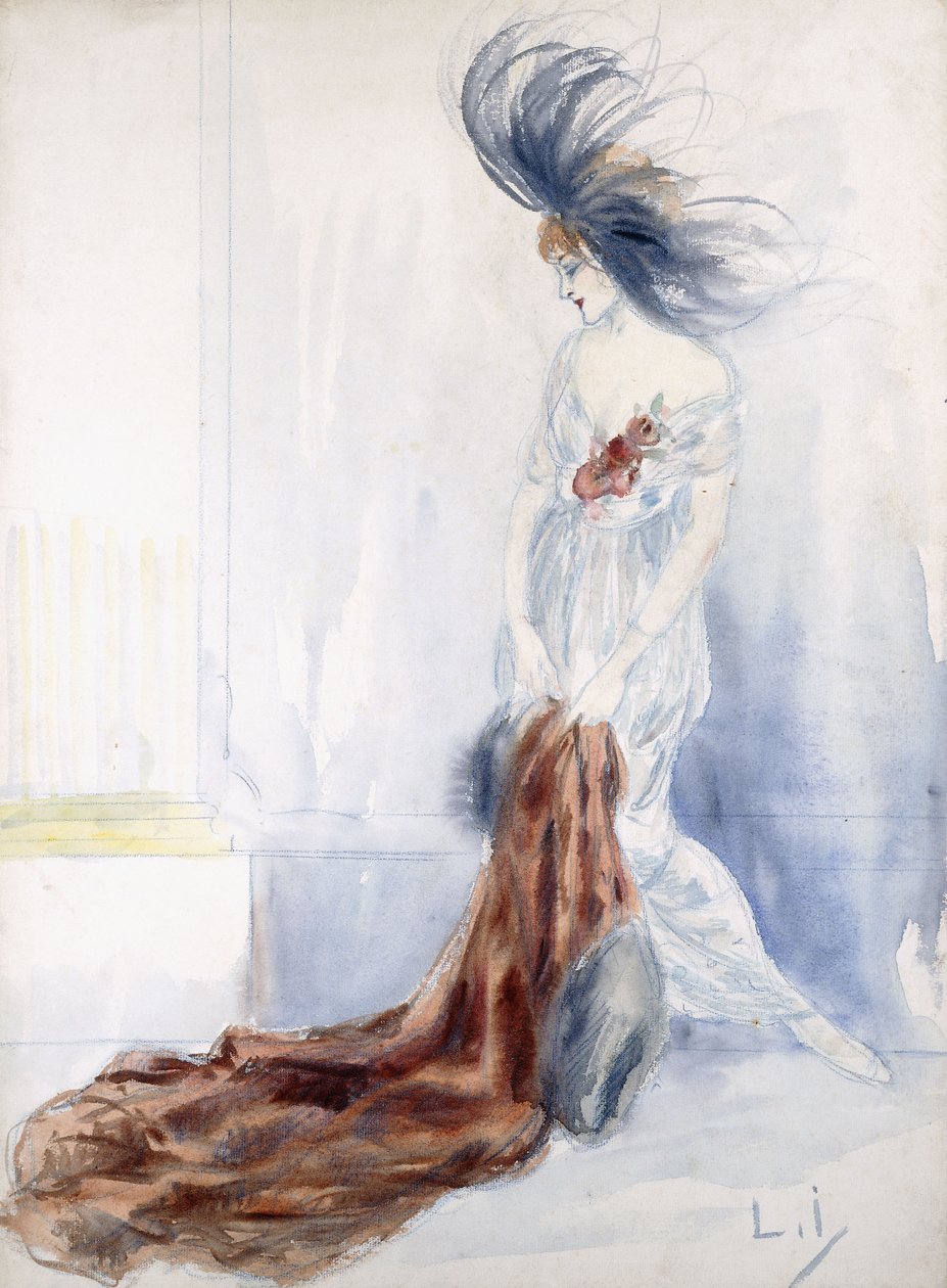 Elegantní dáma s opeřeným kloboukem a kožichem od Louis Icart