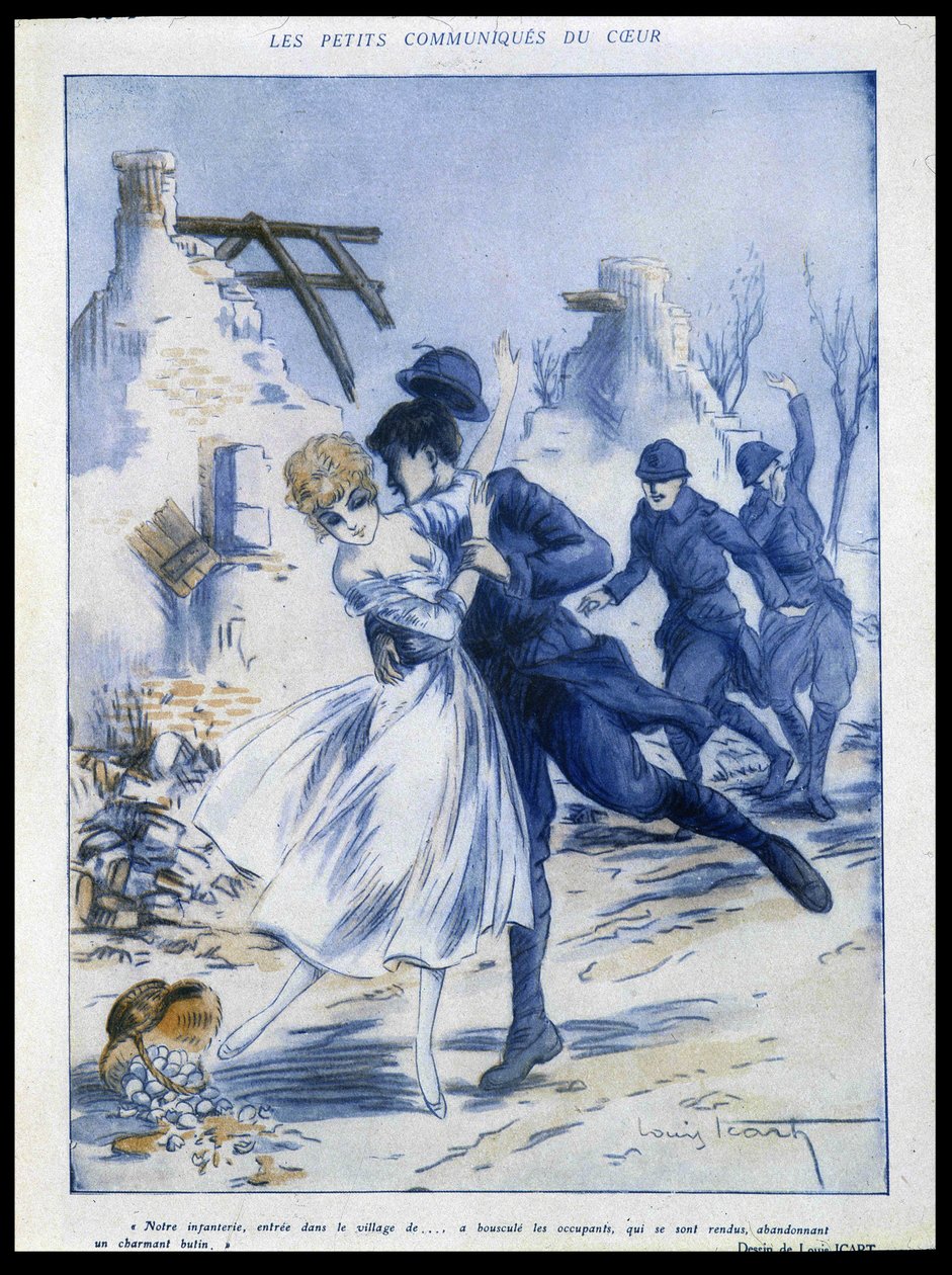 Vojáci vstupují do města, jeden líbá ženu, „okouzlující kořist“, Ilustrace Louis Icart (1888-1950) V „“Fantasio““ 15/12/1915 od Louis Icart