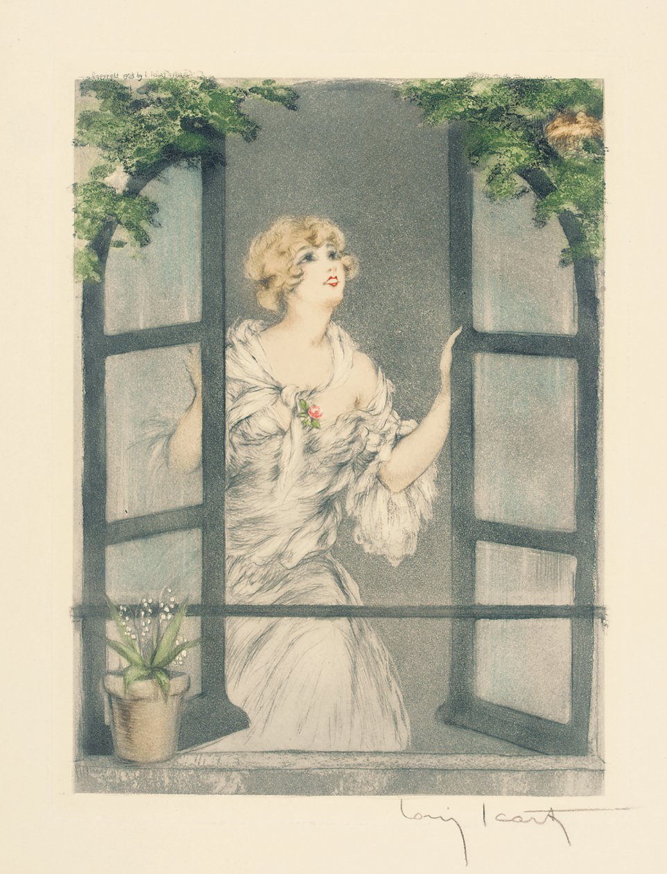 The Four Seasons: Spring, c.1928 (ručně kolorovaná suchá jehla a akvatinta) (viz také 745548-51) od Louis Icart