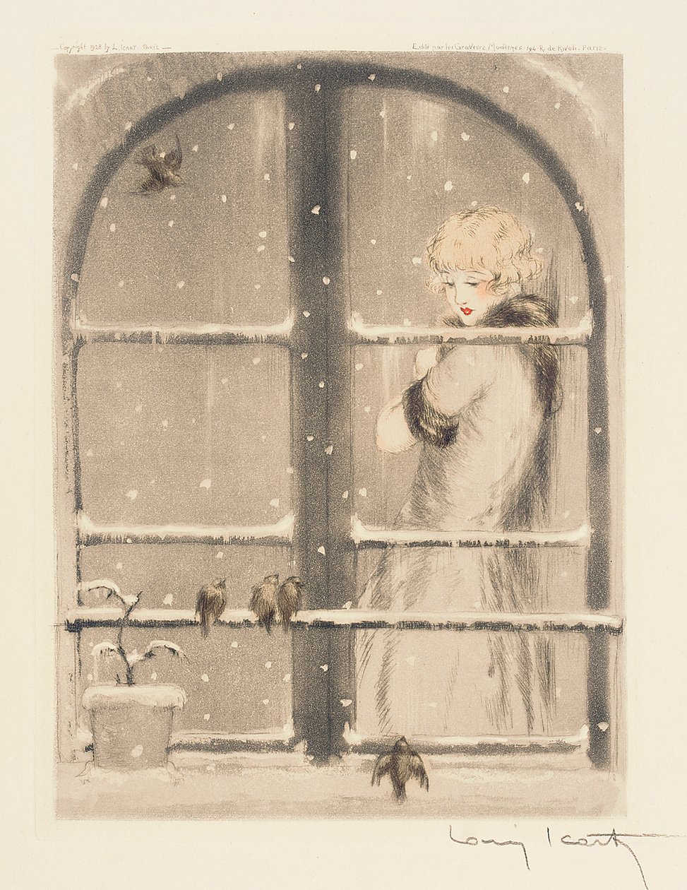 The Four Seasons: Winter, c.1928 (ručně kolorovaná suchá jehla a akvatinta) (viz také 745548-50) od Louis Icart