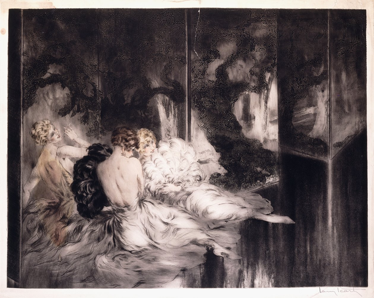 Tři ženy odpočívající u obrazovky od Louis Icart