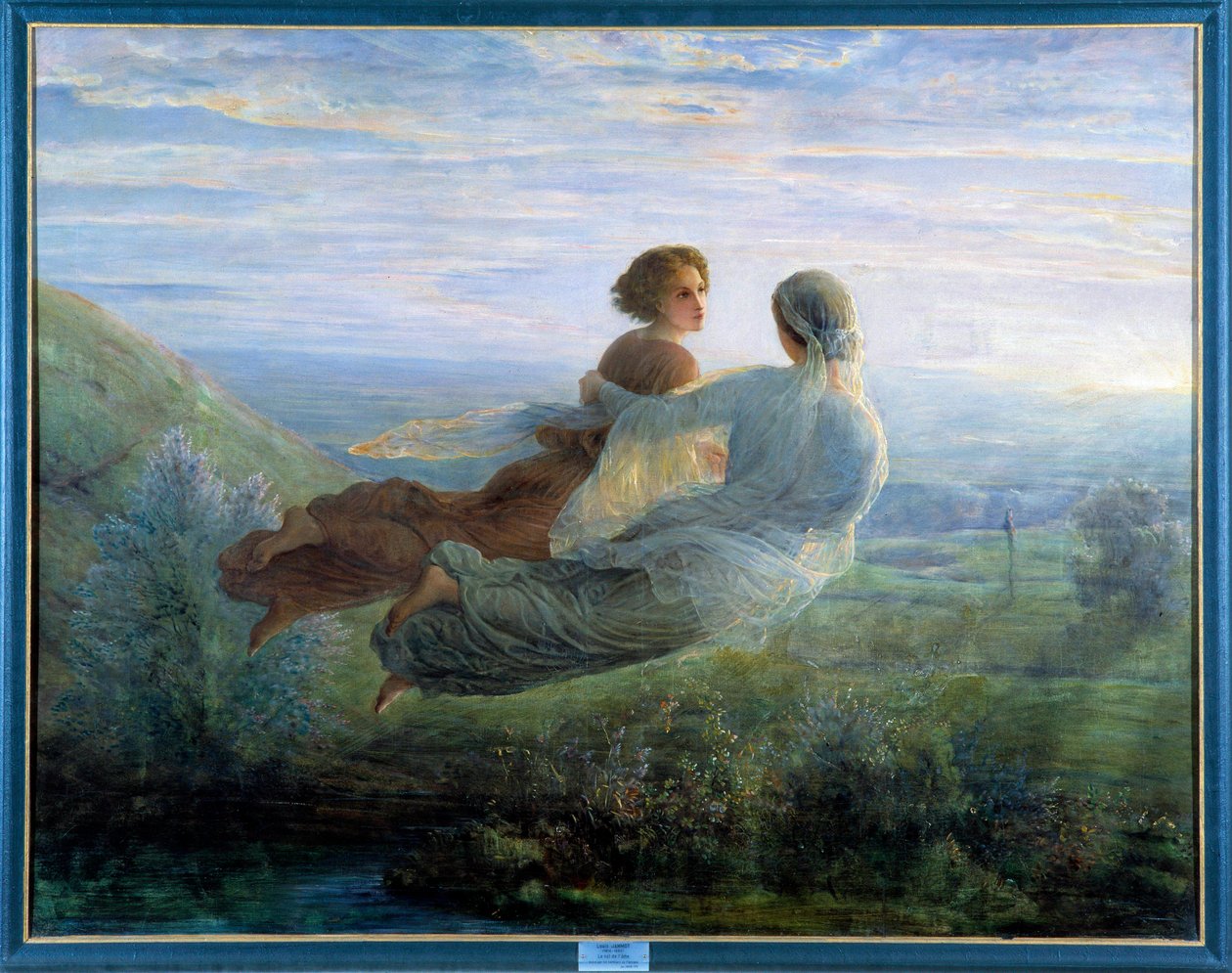 Báseň duše; Let duše, mladé ženy vznesené ve vzduchu nad zelenou krajinou a doprovázené múzou v lyrické atmosféře. Obraz Louis Janmot (1814-1892) 19. stol. Lyon, Musee Des Beaux Artsv- Báseň duše: t od Louis Janmot